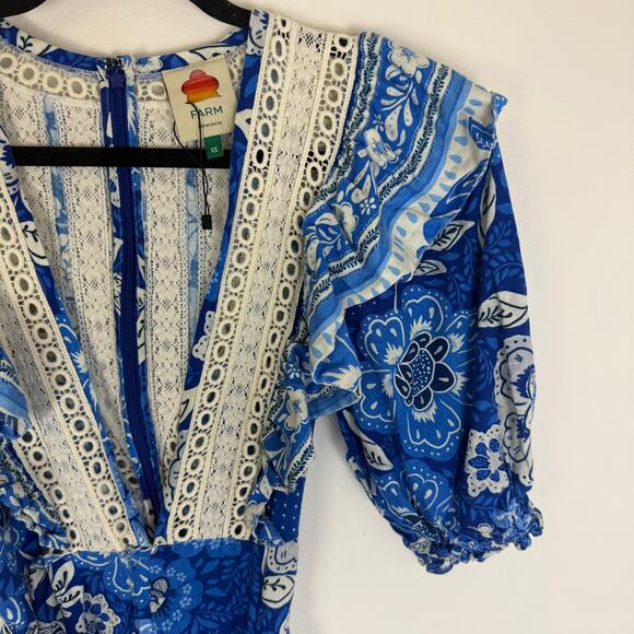 FARM Rio Womens Full of Flowers Linen Blend Half Sleeve Blue/White Jumpsuit XS - Picture 4 of 14